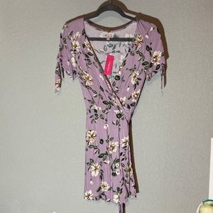 Purple floral print tie dress